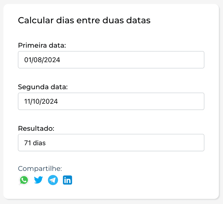 Primeiro exemplo de cálculo usando nossa calculadora de dias entre duas datas