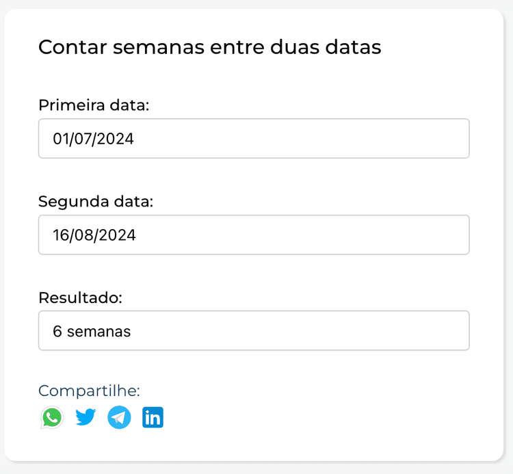 Primeiro exemplo de cálculo usando nossa calculadora de semanas entre duas datas